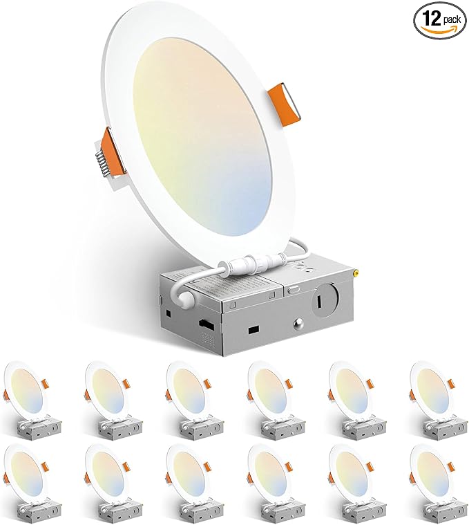 Amico 12 Pack 6 Inch 5CCT Ultra-Thin LED Recessed Ceiling Light with Junction Box, 1050LM Brightness, Dimmable Canless Wafer Downlight, 12W, ETL&FCC