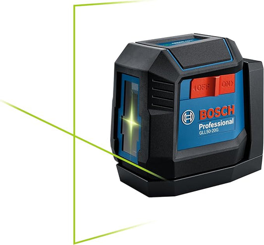 BOSCH GLL50-20GL 50 Ft Green-Beam Self-Leveling Cross-Line Laser, Includes 1.0 Ah 3.7V Lithium-Ion Battery, Integrated Magnetic Mount, USB-C Charging Cord, & Soft Pouch