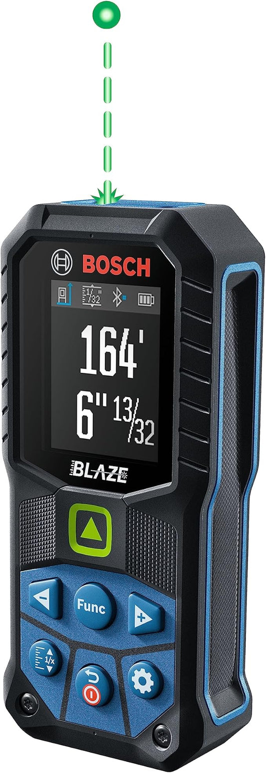 BOSCH GLM165-27CGL 165 Ft Blaze Green-Beam Laser Distance Measure with 3.7V Lithium-Ion 1.0 Ah Battery, Includes 1.0 Ah 3.7V Lithium-Ion Battery, Belt Clip, & Pouch